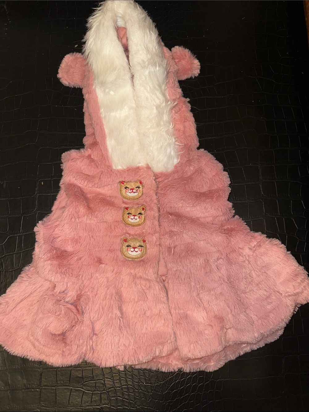 Little Lass Pink Faux Fur Hooded Cape with White Trim